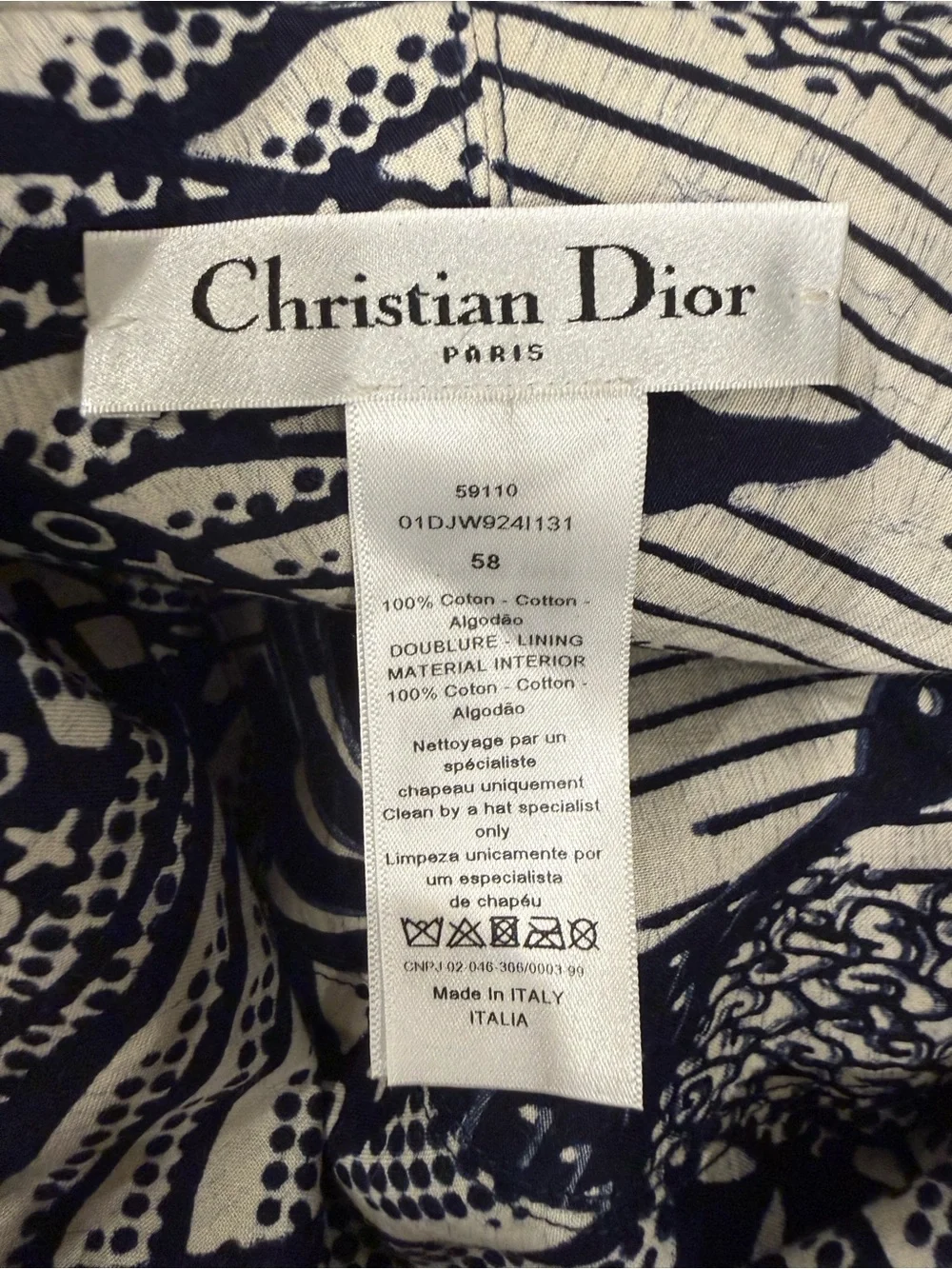 Christian Dior Toile de Jouy Bucket Hat Navy Ivory Cotton Size 58 NEW